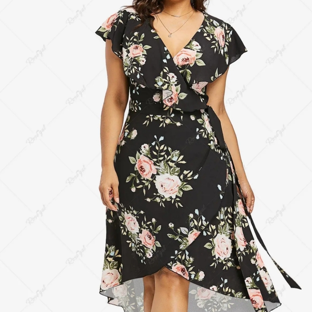 Plus size Chiffon Floral Print  Tied Asymmetrical Dress - Rosegal- 4X